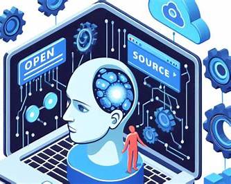 Die Illustration zeigt einen stilisierten menschlichen Kopf in hellen Blau- und Weißtönen, der als Symbol für künstliche Intelligenz dient. Das Gehirn ist durch leuchtende, vernetzte Strukturen dargestellt. Um den Kopf herum schweben technische Elemente wie Zahnräder, Leiterplattenmuster und digitale Symbole. Vor dem großen KI-Kopf steht eine kleine menschliche Figur in Rot, die die Beziehung zwischen Menschen und KI visualisiert. Der Hintergrund besteht aus abstrakten technischen Komponenten, die eine digitale Umgebung darstellen.