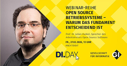 Sharepic für das Webinar "Did you know - Warum das Betriebssystem entscheidend ist" mit Prof. Dr. Julian Kunkel, Sprecher des Arbeitskreises Open Source Software. Links im Bild ist ein Portrait von Julian Kunkel vor einem grauen Hintergrund. Er trägt eine Brille und hat kurze, krause Haare.
