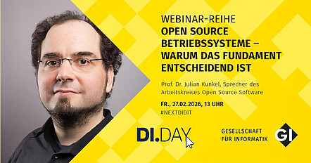 Sharepic für das Webinar "Did you know - Warum das Betriebssystem entscheidend ist" mit Prof. Dr. Julian Kunkel, Sprecher des Arbeitskreises Open Source Software. Links im Bild ist ein Portrait von Julian Kunkel vor einem grauen Hintergrund. Er trägt eine Brille und hat kurze, krause Haare.