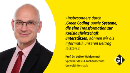 Bild von Prof. Wohlgemuth und Zitat: Insbesondere durch ‚Green Coding‘ sowie Systeme, die eine Transformation zur Kreislaufwirtschaft unterstützen, können wir als Informatik unseren Beitrag leisten.