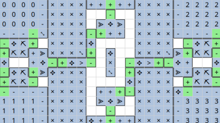 Eine Abbildung aus der Aufgabe, die die Studierenden lösen mussten: kleine Kästchen mit verschiedenen Symbolen, die die Fläche darstellen, auf der die Teams Element platzieren können. 