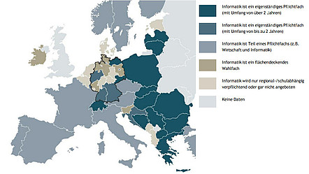 Europäische Karte mit dem Informatikangebot an allen Schulformen eines (Bundes-)Landes in der Primar- und Sekundarstufe I.