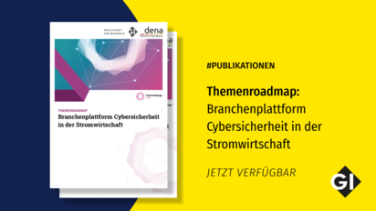 Abbildung des Covers der Publikation mit abstrakten grafischen Formen und dem Text: #Publikationen Themenroadmap Branchenplattform Cybersicherheit in der Stromwirtschaft – jetzt verfügbar