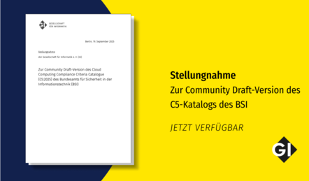 "Stellungnahme zur Community Draft-Version des C5-Katalogs des BSI. Jetzt verfügbar"  steht vor einem gelben Hintergrund. Links ist ein Screenshot der Stellungnahme vor einem blauen Halbkreis