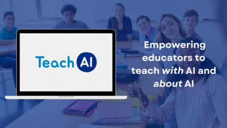 Ein Laptop auf dem das Logo von TeachAI zu sehen ist, daneben die Worte: Empowering educators to teach with AI and about AI