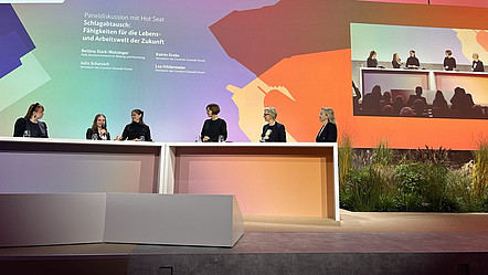 Vertreter*innen des CGFs zusammen mit Bettina Stark-Watzinger, Bundesministerin für Bildung und Forschung, auf der Bühne der Paneldiskussion auf dem Digitalgipfel