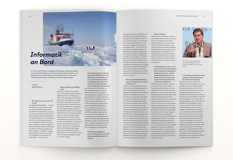 Eine Doppelseite mit einem Interview, zu sehen ist auch das Forschungsschiff Polarstern im arktischen Eis