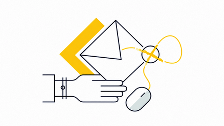 Illustration zur Wahl: Eine Hand hält einen Briefumschlag, daneben eine Computermaus und ein gelbes Wahlkreuz.
