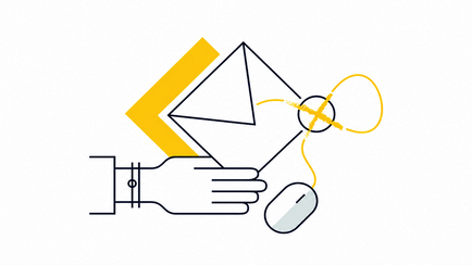 Illustration zur Wahl: Eine Hand hält einen Briefumschlag, daneben eine Computermaus und ein gelbes Wahlkreuz.