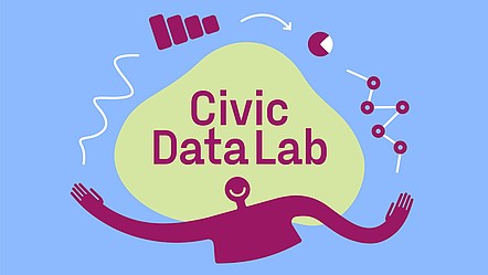 Key Visual des Civic Data Labs: eine stilisierte Figur jongliert mit Graphen und Diagrammen