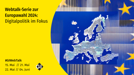 Landkarte der EU auf dunkelblauem Grund, daneben Informationen der Veranstaltung