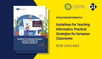 Sharepic mit dem Titel "Guidelines for Teaching Informatics: Practical Strategies fpr European Classrooms" auf gelben und blauen Hintergrund mit einem Bild der Vorderseite der Publikation.