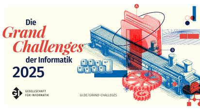 Der Titel „Die Grand Challenges der Informatik 2025“ neben in rot-blau gestalteten Motiven von Dateiordnern bis Zahnrädern
