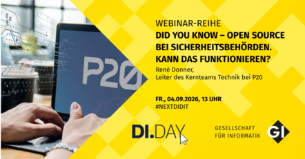 Sharepic für das Webinar „Did you know – Privacy als Voraussetzung für Demokratie“ mit René Donner, Leiter des Kernteams Technik bei P Zwanzig. Links im Bild ist ein aufgeklappter Laptop zu sehen, auf dessen Bildschirm „P Zwanzig“ steht. Aus dem Bildschirm scheinen binäre Zahlencodes zu fliegen.
