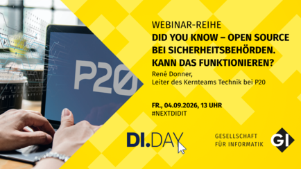 Sharepic für das Webinar „Did you know – Privacy als Voraussetzung für Demokratie“ mit  René Donner, Leiter des Kernteams Technik bei P Zwanzig. Links im Bild ist ein aufgeklappter Laptop zu sehen, auf dessen Bildschirm „P Zwanzig“ steht. Aus dem Bildschirm scheinen binäre Zahlencodes zu fliegen.