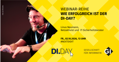 Sharepic zum Webinar "Did you know - Wie erfolgreich ist der DIDAY". Links im Bild ist ein Foto von Linus Neumann, der auf eine imaginäre Tastatur eintippt. Er trägt ein Podcaster-Headset. Rechts steht auf gelbem Hintergrund die Informationen zumSharepic zum Webinar "Did you know - Wie erfolgreich ist der DI-Day". Links im Bild ist ein Foto von Linus Neumann, der auf eine imaginäre Tastatur eintippt. Er trägt ein Podcaster-Headset. Rechts steht auf gelbem Hintergrund die Informationen zum Webinar: Freitag, 2. Oktober um 13:00 Webinar: Freitag, 2. Oktober um 13:00
