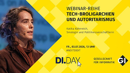 Sharepic für das Webinar „DiD you know: Tech-Broligarchien und Autoritarismus mit Katika Kühnreich, Sprecherin der Fachgruppe „Internet und Gesellschaft“. Links im Bild ist ein Portrait von Katika Kühnreich vor einem blauen Hintergrund. Sie hat dunkle Haare und trägt ein braunes Sakko mit passendem Schal. Sie hält einen Vortrag und guckt an der Kamera vorbei.