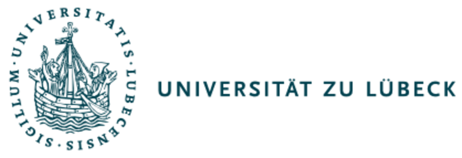 Emblem of the University of Lübeck: A green lettering with “Sigillum Universitatis Lubecensis” frames a sailing ship with two people on board in the style of a medieval drawing