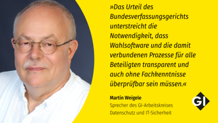 Zitat von Martin Weigele: "Das Urteil des Bundesverfassungsgerichts unterstreicht die Notwendigkeit, dass Wahlsoftware und die damit verbundenen Prozesse für alle Beteiligten transparent und auch ohne Fachkenntnisse überprüfbar sein müssen."