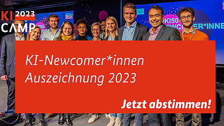 Auf einem Foto sind die KI-Newcomer und Newcomerinnen von 2019 nach ihrer Preisverleihung. Darüber steht der Text: "Jetzt abstimmen".