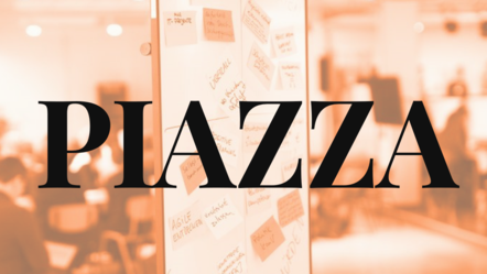 Orangefarbenes Sharepic mit dem Text "PIAZZA".