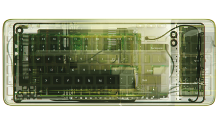 Das Bild zeigte eine Computertastatur und angedeutet auch die verbaute Technik darin. Es ist teils durchsichtig, teils grün eingefärbt.