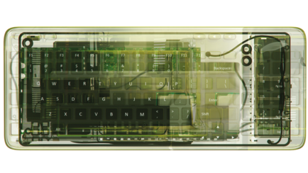 Das Bild zeigte eine Computertastatur und angedeutet auch die verbaute Technik darin. Es ist teils durchsichtig, teils grün eingefärbt.